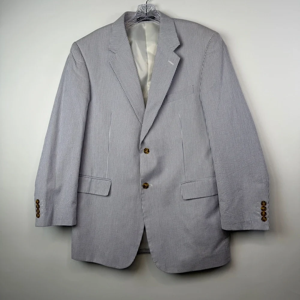 Zagato Seersucker Sport Coat Blazer Blue White Stripe Preppy Ivy 40R Mens